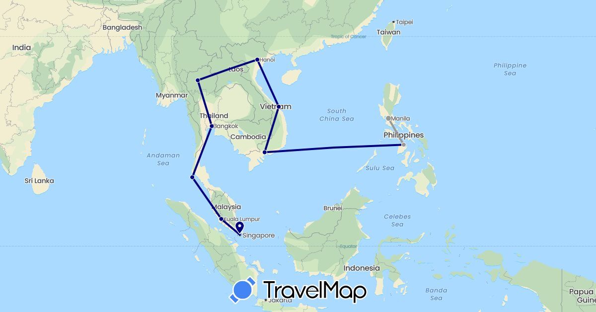 TravelMap itinerary: driving, plane in Malaysia, Philippines, Singapore, Thailand, Vietnam (Asia)